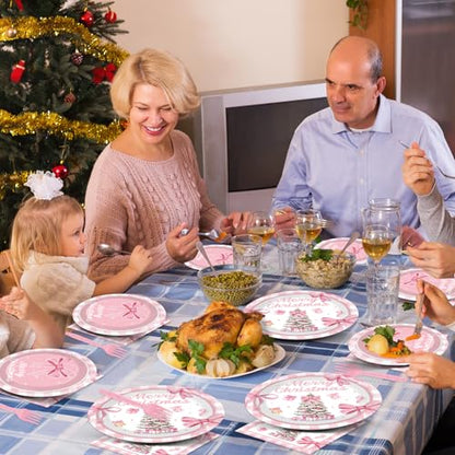 Pink Christmas Party Tableware Set - 96 Pieces for 24 Guests - Bow Plates & Napkins