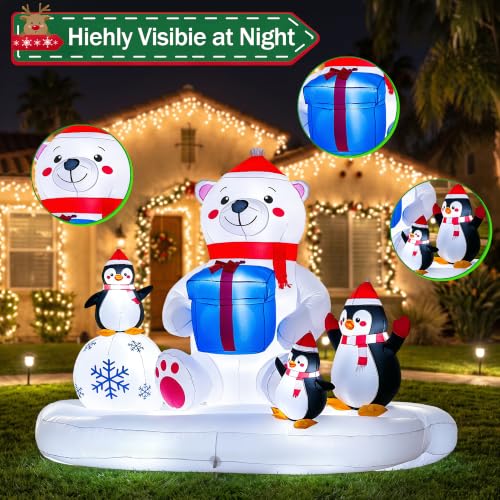 Polar Bear & Penguins Inflatable Christmas Yard Decoration - 8 Ft Lighted Outdoor Holiday Scene