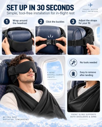 Travel Pillow with Eye Mask - Adjustable Support for Airplane Headrest