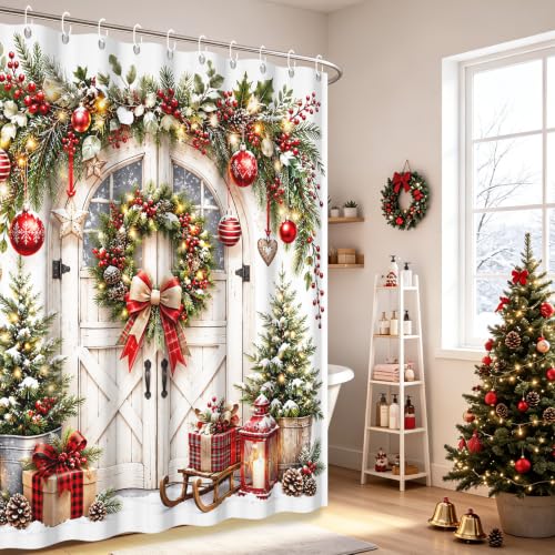 Farmhouse Christmas Wreath Shower Curtain - Rustic Wooden Door Pine Berry Ornament Lantern with Hooks - White Variation