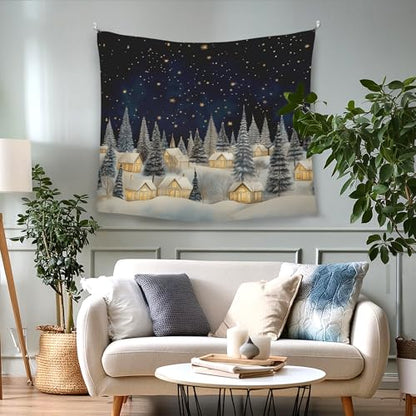 Vintage Christmas Winter Village Tapestry Wall Hanging - Rustic Snow Scene, 50x60 Inches - Winter Country Variation