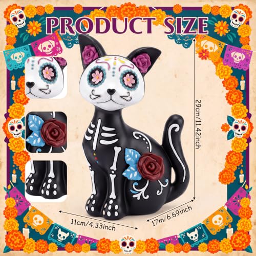 Large Día de Los Muertos Skeleton Cat Statue Halloween Garden Decor