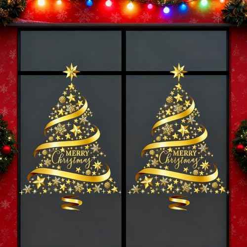 Large Golden Christmas Decorations Tree Window Clings Stickers for Home, Cafe, Mall Glass Door, DIY Static Wall Window Door Mural Showcase Decal Sticker