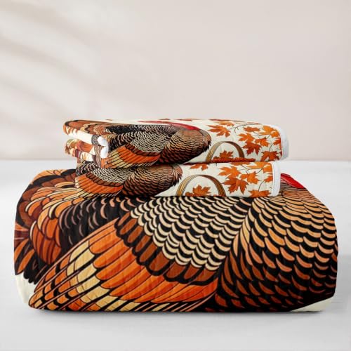Castle Fairy Autumn Turkey Quilt Set Queen Size - Fall Harvest Bedding with Pillow Shams - Orange Red Cream, 3 Pieces