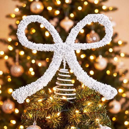 11-Inch White Bow Christmas Tree Topper with Glitter Metal Spiral Base