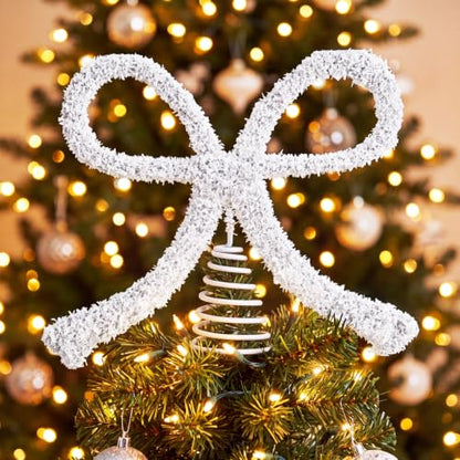 11-Inch White Bow Christmas Tree Topper with Glitter Metal Spiral Base