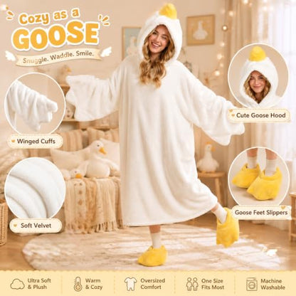 Adult Duck Onesie Wearable Blanket Pajamas with Slippers - White Medium