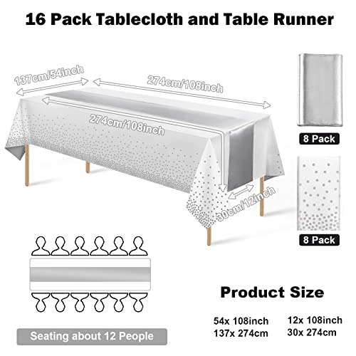 White and Silver Tablecloth and Satin Table Runner Set - 16 Pack for Weddings & Parties