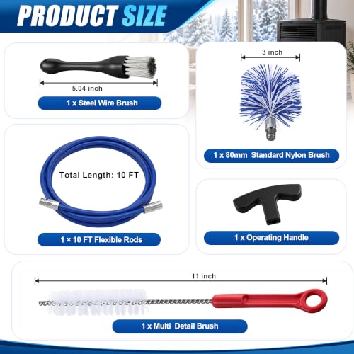 Pellet Stove Cleaning Brush Kit with 10 Ft Flexible Steel Rod & Blue 3-Inch Brush Head