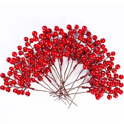 Artificial Red Berry Stems 6.5 Inch Holiday Christmas Decorations - 30 Pack