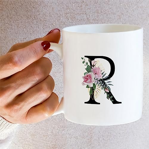 Initial R Floral Botanical Mug - White 11 Oz Ceramic Coffee Tea Cup with Variation