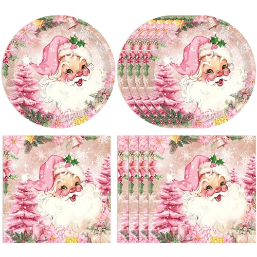 Christmas Party Set 20 Pcs Pink Holiday Plates & Napkins - Merry Christmas Theme, Winter Decor, Disposable Tableware - Variation: Christmas Party Set-1