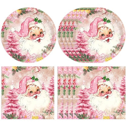 Christmas Party Set 20 Pcs Pink Holiday Plates & Napkins - Merry Christmas Theme, Winter Decor, Disposable Tableware - Variation: Christmas Party Set-1