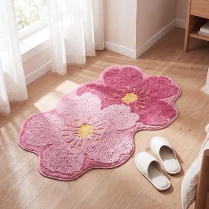 Pink Cute Flower Bath Rug 20x32 Inch Non-Slip Absorbent Bathroom Mat - Cherry Variation