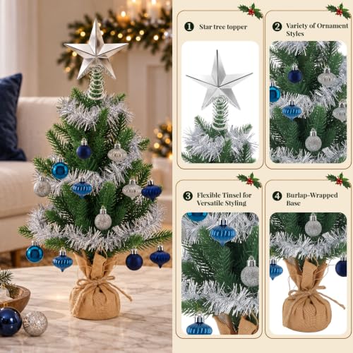 Blue Mini Christmas Tree Set - 2 Ft Tabletop Holiday Decor & Ornaments