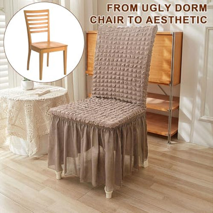 Stretchable Dining Chair Slipcover with Skirt Bubble Texture Khaki