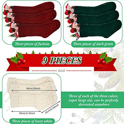 Christmas Candy Stockings Set - Green, Red, Ivory Knit Holiday Decor - Stylish 9 Pack