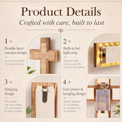 Mifoci Lighted Wooden Wall Cross Double Layer Christian Decoration