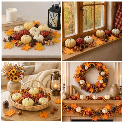 LEBERY Cream Mini Artificial Pumpkin Fall Set with Harvest Decorations