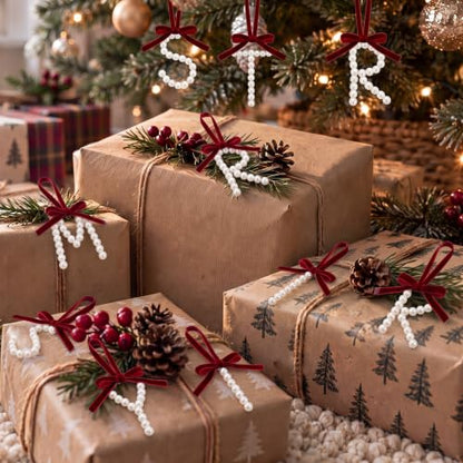 Christmas Pearl Letter Garland Banner with Velvet Bows - Holiday Decor