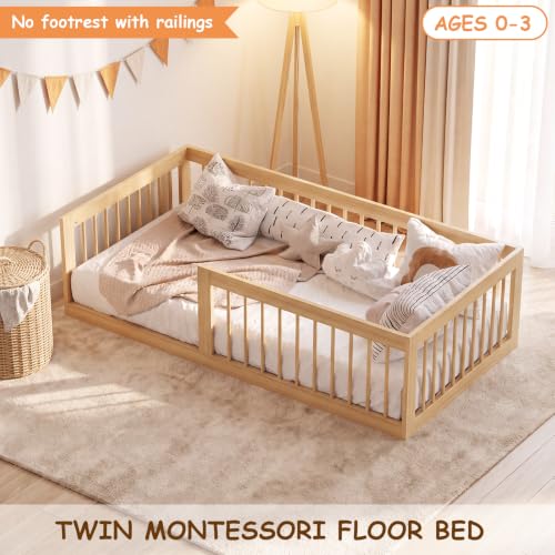 Twin Montessori Floor Bed for Kids with Removable Rails - Burlywood