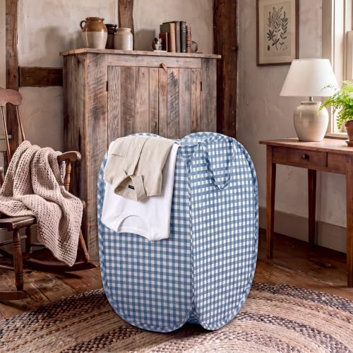 Dusty Blue Gingham Collapsible Laundry Basket Pop Up Hamper 14.57 Inch