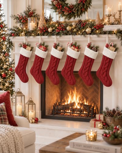 Christmas Stockings 3 Pack 18 Inch Cable Knit Holiday Decor - Red White