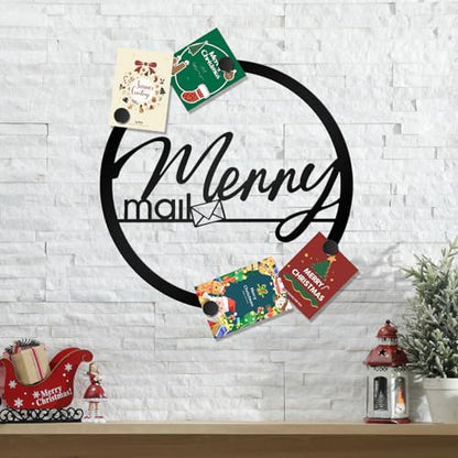 16-Inch Christmas Card Holder Wreath with Magnets - Black Metal Holiday Sign