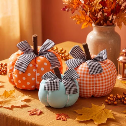 Fabric Pumpkin Fall Decor Set - 3 Assorted Harvest Pumpkins for Thanksgiving and Autumn