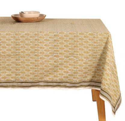 Sage & Yellow Cotton Hand Block Printed Tablecloth - 60x60 Inches, Square