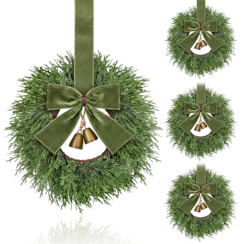 Small Christmas Wreaths with Olive Green Velvet Ribbons - 4 Pack