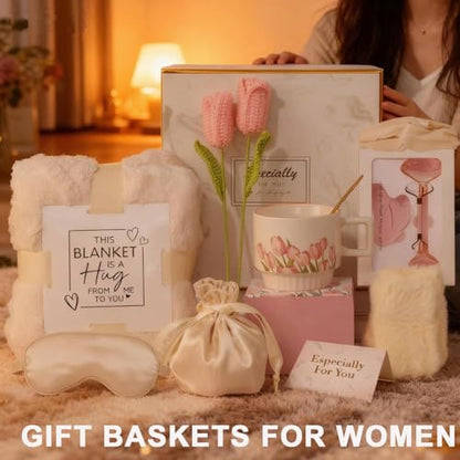 Luxury Gift Basket for Women with Blanket, Mug, Spa Set & More