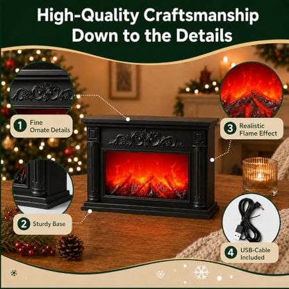 Black LED Fireplace with Flame Effect, Decorative Electric Fire Lamp