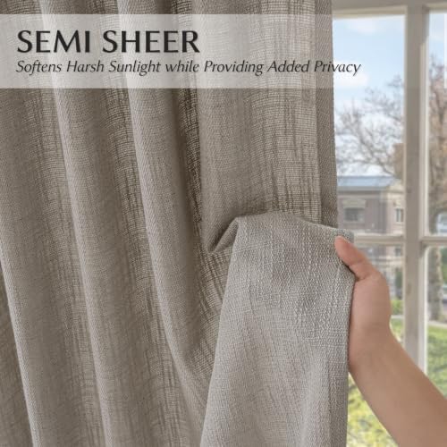 Greige Semi Sheer Linen Curtains Pack of 2 - 52W x 84L Inches for Living Room