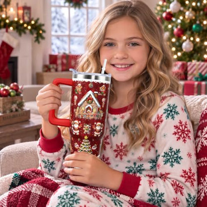 Christmas Gingerbread Tumbler with Handle 30 oz - Red Insulated Travel Mug