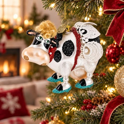 Cow Glass Christmas Ornament with Sporting Wings Handcrafted Holiday Decor