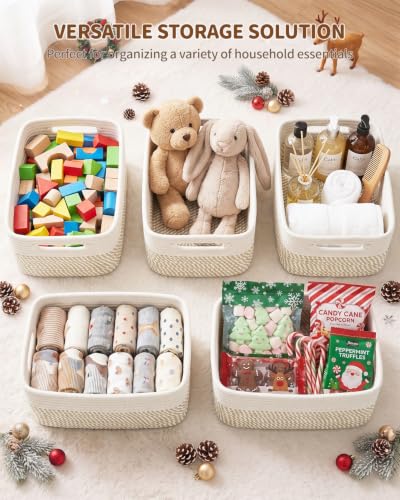 Khaki & White 5 Small Woven Storage Baskets with Handles - Organize Shelves and Drawers