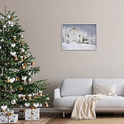 Winter Snowfield Barn Christmas Scene Framed Giclée Wall Art - 24 x 30 Inches, Grey Frame - Holiday Decor