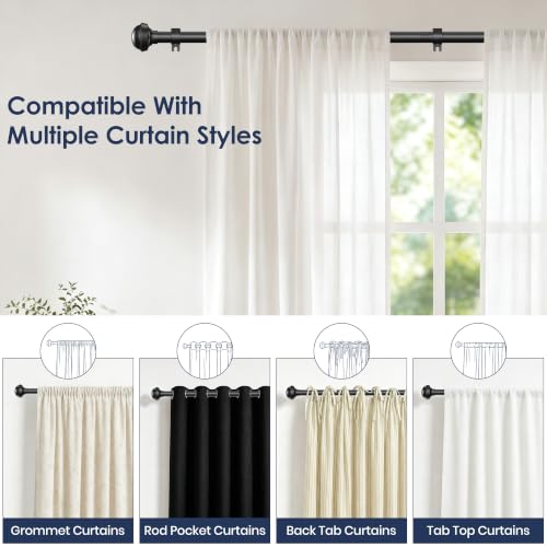 Heavy Duty Adjustable Black Curtain Rods 66-120 Inches with Matte Black Ball Finials