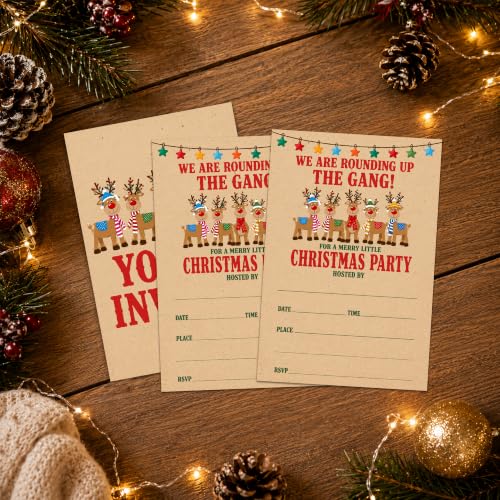 Christmas Party Invitations with Envelopes - 20 Retro Reindeer Cards - A10