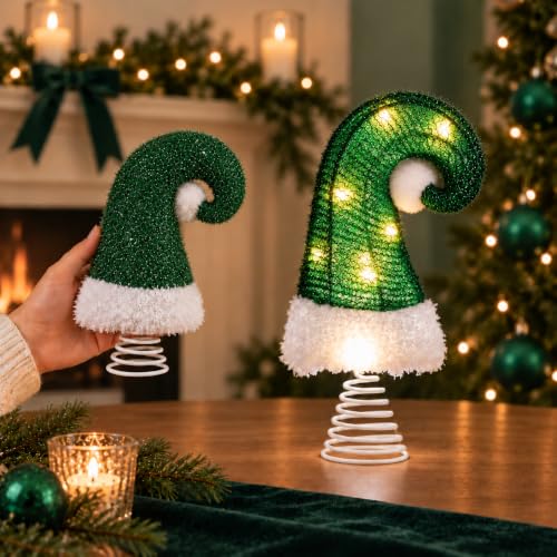 Christmas Tree Topper - 6 Inch Green Santa Hat for Holiday Decor - Timer & Battery Operated