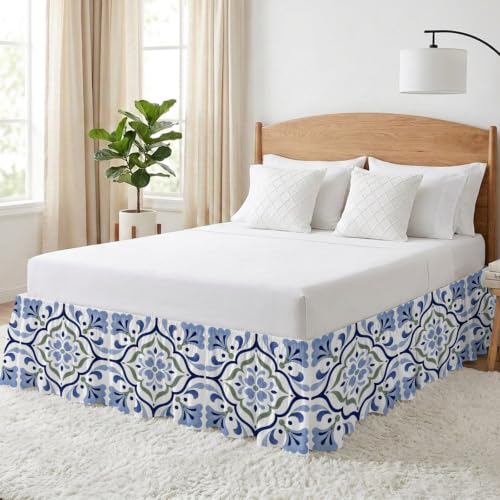 Blue Green Botanical King Size Bed Skirt 16 Inch Drop Elastic Wrap Around Dust Ruffle - Slate Blue