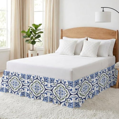 Blue Green Botanical King Size Bed Skirt 16 Inch Drop Elastic Wrap Around Dust Ruffle - Slate Blue