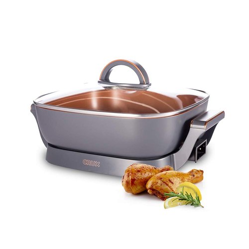 CRUX Electric Skillet with Glass Lid - Nonstick Scratch Resistant Ceramic Pan, Extra Deep with Removable Temperature Probe, 12" x 12", 1200 Watts, PFOA & PTFE Free