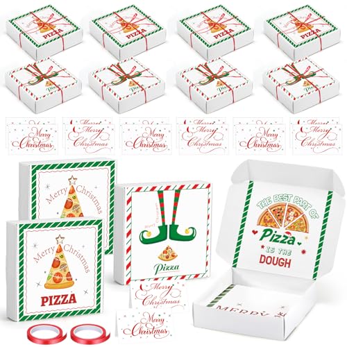 12 Pack Christmas Pizza Gift Boxes - 7 x 7 Inch Kraft Paper Holiday Money Holders with Cards & Ribbons