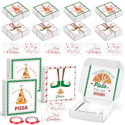 12 Pack Christmas Pizza Gift Boxes - 7 x 7 Inch Kraft Paper Holiday Money Holders with Cards & Ribbons