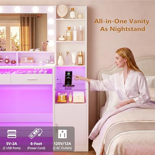 Pure White Vanity Desk with Mirror, RGB Lights, Glass Top, Open Shelves & Power Outlet (42.5W x 15.7D x 55.1H)