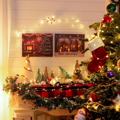 LED Christmas Canvas Wall Art - Snowy Scene with Fireplace & Pine Tree - Battery Operated Holiday Decor
