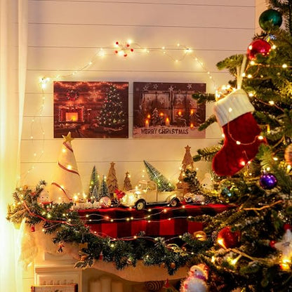 LED Christmas Canvas Wall Art - Snowy Scene with Fireplace & Pine Tree - Battery Operated Holiday Decor
