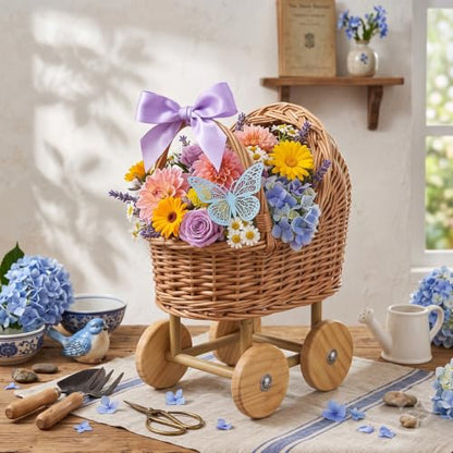 Light Brown 4-Piece Wicker Baby Carriage Set for Baby Shower Decor